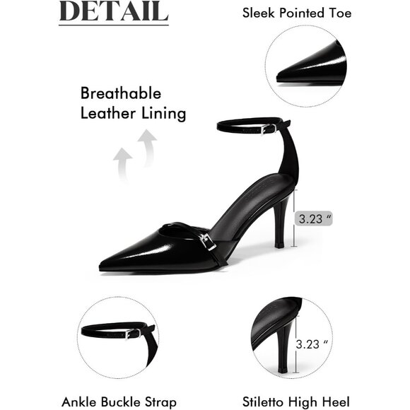 Coutgo Women's Black Closed Pointed Toe Ankle Buckle Strap Pumps High Heels - Picture 5 of 5